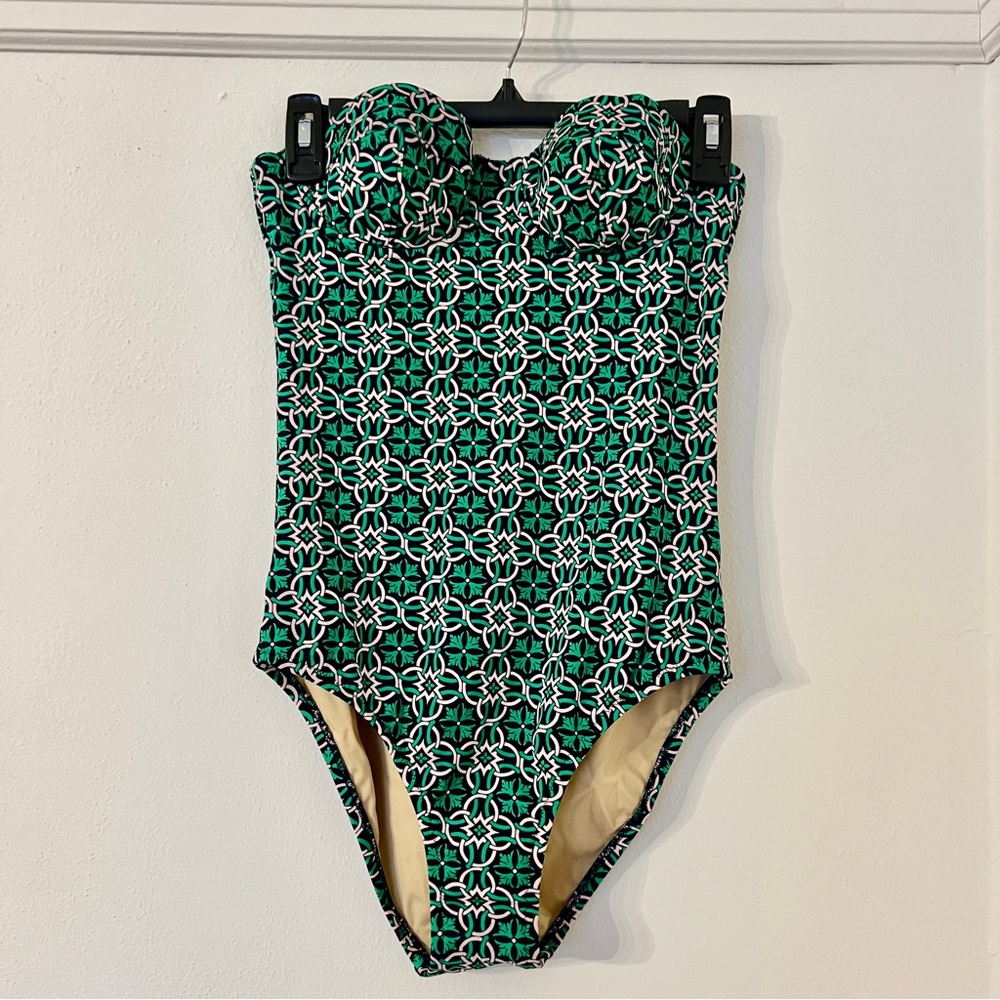 J. Crew Green and Black Geometric One-Piece Swimsuit
